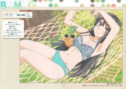  absurdres arm_up armpits bare_legs barefoot black_hair blue_eyes breasts cleavage female food fruit groin hair_ribbon hammock highres large_breasts long_hair looking_at_viewer lying navel official_art on_back pineapple ribbon sakurajima_mai scan seishun_buta_yarou smile solo sunglasses swimsuit tamura_satomi 