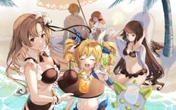  1boy 4girls :d ^_^ ann_(forever_7th_capital) antoneva arms_up bad_id bad_pixiv_id bare_shoulders beach beach_umbrella bikini black_bikini blonde_hair blue_bikini breasts brown_bikini brown_eyes brown_hair cleavage closed_eyes closed_mouth coconut cup detached_collar drinking_glass drinking_straw eyepatch flower forever_7th_capital frilled_bikini frills fruit_cup hair_bobbles hair_ornament hair_ribbon hair_scrunchie halterneck hat holding holding_tray hurricane_glass jar large_breasts long_hair looking_at_viewer maid maid_bikini medium_breasts multiple_girls navel open_mouth outdoors palm_tree pinb pink_hair ribbon scrunchie see-through shirt short_hair sidelocks smile sun_hat swimsuit tesla_(forever_7th_capital) tray tree tropical_drink twintails umbrella unconventional_maid very_long_hair water white_flower white_shirt wrist_cuffs yellow_eyes yumi_(forever_7th_capital) yuutou_(forever_7th_capital) 