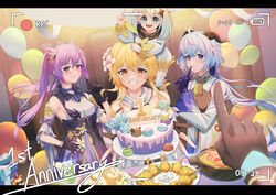  4girls absurdres aether_(genshin_impact) ahoge anniversary balloon bare_shoulders bell black_gloves blonde_hair blue_hair cake detached_sleeves dress finger_to_mouth flower food ganyu_(genshin_impact) genshin_impact gloves golden_shrimp_balls_(genshin_impact) guoba_(genshin_impact) hair_flower hair_ornament highres holding holding_cake holding_food horns long_hair looking_at_viewer lumine_(genshin_impact) multiple_girls neck_bell paimon_(genshin_impact) prosperous_peace_(genshin_impact) purple_dress purple_eyes purple_hair recording romper slime_(genshin_impact) smile very_long_hair white_romper white_sleeves zero_yee 