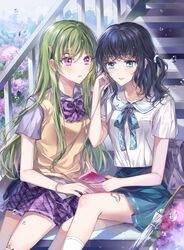  2girls :d :o aqua_eyes black_hair blue_bow blue_neckwear blue_skirt bow bowtie bracelet cellphone cellphone_strap closed_umbrella collared_shirt commentary_request day earphones flower green_hair hair_ornament hair_scrunchie hydrangea jewelry long_hair multiple_girls neck_ribbon nennen one_side_up open_mouth original outdoors phone plaid plaid_bow plaid_neckwear plaid_skirt purple_bow purple_bowtie purple_eyes purple_skirt ribbon school_uniform scrunchie shared_earphones shirt sitting sitting_on_stairs skirt smartphone smile socks stairs sweater_vest umbrella wet wet_clothes white_scrunchie white_shirt 