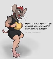  absurd_res angry anthro bottomwear buckteeth cheese cheese_wheel clothed clothing dairy_products dialogue eating english_text food fully_clothed fur grey_body grey_fur hair hi_res human_to_anthro krim_hue male mammal mohawk murid murine open_mouth rat red_hair rodent shirt shorts solo species_transformation teeth text topwear transformation 