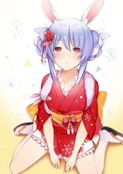  animal_ear_fluff animal_ears bad_id bad_pixiv_id blue_hair blush commentary_request don-chan_(usada_pekora) female frilled_kimono frills full_body geta highres hikimayu hololive japanese_clothes kimono long_hair looking_away md5_mismatch multicolored_hair obi obijime official_alternate_hairstyle orange_eyes parted_lips rabbit_ears rabbit_girl rabbit_tail red_eyes red_kimono sash short_eyebrows short_kimono sitting socks solo tabi tail tasuki tearing_up two-tone_hair uehara_(dormmmmir_) usada_pekora usada_pekora_(new_year) virtual_youtuber wariza white_footwear white_hair white_socks 