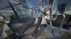  absurdres arknights arknights:_endfield arm_up black_hair boots breasts building chain-link_fence chen_qianyu_(arknights) commentary dragon_girl dragon_horns dragon_tail female fence full_body high_heels highres horns jacket ladder long_hair looking_at_viewer medium_breasts open_clothes open_jacket outdoors prototype_design purple_eyes shirt sitting skirt sky smile soho_(user_dphk5745) solo tail thigh_boots thighs twintails yellow_horns 