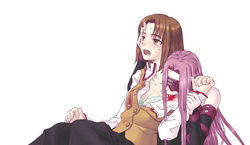  2girls bad_id bad_pixiv_id biting biting_shoulder blindfold blood blush bra breasts brown_eyes brown_hair cleavage collarbone drooling empty_eyes fate/stay_night fate_(series) femdom hand_on_another&#039;s_head holding_another&#039;s_wrist long_hair medusa_(fate) medusa_(rider)_(fate) mitsuzuri_ayako mori_no_kuma-san multiple_girls open_clothes open_mouth open_shirt purple_hair saliva school_uniform short_hair simple_background sweat tongue underwear white_background yuri 