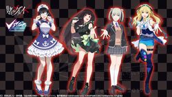  4girls alternate_costume anchor_print anchor_symbol aoi_ch. bell belt belt_buckle black_dress black_footwear black_hair blonde_hair blue_dress blue_footwear blue_shorts blue_thighhighs blunt_bangs boots bracelet braid braided_hair_rings breasts buckle checkered_background cleavage cleavage_cutout clenched_hand clothing_cutout commentary_request copyright_name copyright_notice cosplay costume_switch crossover dated detached_sleeves dress eyepatch fingerless_gloves fuji_aoi fuji_aoi_(cosplay) gloves hair_ribbon heart highres higuchi_kaede higuchi_kaede_(cosplay) holding holding_microphone hololive ikishima_midari jabami_yumeko jewelry kakegurui knees large_breasts leg_belt logo long_hair looking_at_viewer maid_headdress medium_breasts medium_hair microphone minato_aqua minato_aqua_(1st_costume) minato_aqua_(cosplay) miniskirt momobami_kirari multiple_crossover multiple_girls nijisanji official_art piercing reaching reaching_towards_viewer red_eyes ribbon ring saotome_mary shoes shorts skirt thighhighs thighs thumb_ring twin_braids twintails virtual_youtuber watermark white_gloves white_hair white_headdress yuni_(yuni_channel) yuni_(yuni_channel)_(cosplay) yuni_channel 