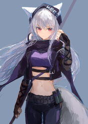  absurdres animal_ears arknights arm_ribbon beanie belt belt_buckle blue_background buckle closed_mouth cowboy_shot cropped_jacket ears_through_headwear eyes_visible_through_hair female fingerless_gloves fox_ears fox_girl fox_tail frostleaf_(arknights) frostleaf_(breaking_the_ice)_(arknights) gloves hair_between_eyes hat headphones headphones_around_neck highres holding holding_polearm holding_weapon ichika_(ichika87) layered_sleeves light_blush long_hair looking_at_viewer midriff polearm purple_scarf red_eyes ribbon scarf see-through see-through_sleeves sidelocks simple_background smoke_grenade solo tail weapon white_hair 