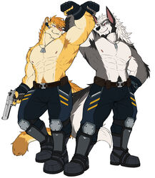  2020 abs absurd_res alaskan_malamute anthro arm_tuft armpit_hair beard belt biceps black_body black_clothing black_fur black_gloves black_hair black_handwear blonde_hair blonde_mane blue_bottomwear blue_clothing blue_pants body_hair boots bottomwear brown_belt canid canine canis claws clothed clothing dog_tags domestic_dog drks drks_(drks) duo elbow_tuft facial_hair felid finger_claws fingerless_gloves flexing_biceps footwear fur gloves grey_body grey_boots grey_clothing grey_footwear grey_fur gun hair handgun handwear hi_res holding_gun holding_object holding_ranged_weapon holding_weapon jewelry knee_pads male male/male mammal mane multicolored_body multicolored_fur muscular muscular_anthro muscular_male necklace nipples nordic_sled_dog obliques pantherine pants pecs pistol police police_badge police_officer police_uniform policeboots purple_eyes ranged_weapon red_eyes shin_guards spitz tiger topless tuft two_tone_body two_tone_fur uniform weapon white_body white_fur white_hair wilden_(reoh_ch_h_v) yellow_body yellow_fur 