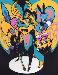  absurd_res alcohol alien ambiguous_gender anthro antlers beverage bow_(feature) bow_in_front bow_tie bunny_costume clothing costume duo elfilin fecto_elfilis hi_res holding_melee_weapon holding_object holding_polearm holding_spear holding_weapon horn hydra-lic kirby_(series) kirby_and_the_forgotten_land mammal melee_weapon nintendo papercutting_(artwork) polearm reverse_bunny_costume rodent spear traditional_media_(artwork) weapon wine 