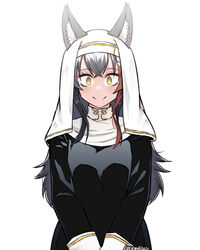  admiralkukichi alternate_costume animal_ear_fluff animal_ears black_hair closed_mouth commentary_request crossed_bangs dated ears_through_headwear female flipped_hair habit hair_between_eyes hair_ornament hairclip highres hololive long_hair looking_at_viewer multicolored_hair nun ookami_mio red_hair sidelocks signature simple_background smile solo streaked_hair traditional_nun very_long_hair virtual_youtuber white_background wide-eyed wolf_ears wolf_girl yellow_eyes 