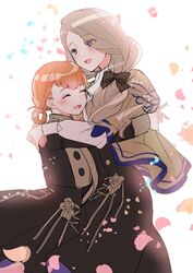  2girls annette_fantine_dominic blonde_hair blue_eyes bow closed_eyes commentary_request fire_emblem fire_emblem:_three_houses from_side garreg_mach_monastery_uniform hairbow hug long_hair long_sleeves low_ponytail mercedes_von_martritz multiple_girls open_mouth orange_hair petals sentaku_nori twintails twitter_username uniform 