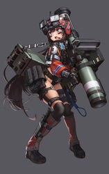  black_gloves bypos female fingerless_gloves full_body gloves goddess_of_victory:_nikke grey_background hair_between_eyes highres holding holding_rocket_launcher holding_weapon jacket long_hair mica_(nikke) official_art open_mouth ponytail rocket_launcher sidelocks simple_background solo standing tachi-e teeth upper_teeth_only very_long_hair weapon 