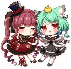  2girls blush breasts chibi closed_eyes commentary_request detached_sleeves double_bun dress eyepatch gothic_lolita green_hair hair_bun hair_ornament hat highres hololive houshou_marine houshou_marine_(gothic_lolita) lolita_fashion long_hair looking_at_viewer mihanada_kanata multiple_girls official_alternate_costume open_mouth piyoko_(uruha_rushia) red_eyes red_hair ribbon short_hair skull_hair_ornament smile twintails uruha_rushia uruha_rushia_(3rd_costume) virtual_youtuber 