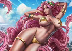  1girls abs aphrodite aphrodite_(hades) bare_shoulders big_breasts bikini bikini_bottom bikini_top breasts child_bearing_hips cleavage clothed clothing dandon_fuga divine_slut female female_focus female_only fit fit_female flowing_hair goddess gold_bikini golden_bikini hades_(game) hips large_breasts long_hair navel pink_eyes pink_hair solo solo_female solo_focus tan_skin thick_thighs thighs toned toned_female very_long_hair voluptuous wavy_hair wide_hips 