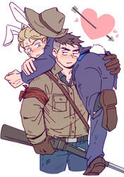  2boys absurdres animal_ears arrow_(projectile) arrow_through_heart ass ass_grab bandana_around_arm bara belt black_eyes black_hair blonde_hair blush brown_footwear brown_gloves carrying carrying_over_shoulder carrying_person coat couple cowboy_hat cowboy_shot david_king_(dead_by_daylight) dead_by_daylight denim embarrassed eye_contact eyebrow_cut facial_hair felix_richter gloves grabbing_another&#039;s_ass grey_shirt groping gun hands_on_ass hat heart heart_arrow highres holding holding_gun holding_weapon hunting hunting_rifle jacket jeans kemonomimi_mode looking_at_another male_focus multiple_boys pants purple_jacket purple_pants rabbit_ears rabbit_tail shirt shoes short_hair stubble sweatdrop tail undercut upper_body wasted_m9 weapon white_background yaoi 