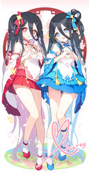  &lt;key&gt;_(blue_archive) 2girls absurdly_long_hair alternate_costume apple_caramel aris_(blue_archive) bare_legs bare_shoulders black_hair blue_archive blue_eyes blue_footwear blue_ribbon blue_skirt chinese_clothes commentary detached_sleeves full_body hair_between_eyes hair_ribbon heart heart_hands highres long_hair long_hair_between_eyes long_sleeves looking_at_viewer miniskirt multiple_girls one_side_up open_mouth pleated_skirt red_eyes red_footwear red_ribbon red_skirt ribbon skirt socks standing tassel teeth upper_teeth_only very_long_hair white_socks 