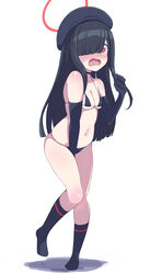  absurdres bare_shoulders beret bikini black_bikini black_choker black_gloves black_hair black_hat black_socks blue_archive blush breasts choker elbow_gloves female full_body gloves halo hat highres justice_task_force_member_(blue_archive) kneehighs long_hair looking_at_viewer navel omurainu open_mouth red_eyes red_halo simple_background small_breasts socks solo standing standing_on_one_leg swimsuit white_background 