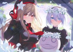  2b_(nier:automata) 2girls arm_up beret binato_lulu black_choker black_gloves black_headwear blue_eyes blush breasts brown_hair choker closed_mouth collared_shirt crossover emil_(nier) flower gloves goddess_of_victory:_nikke hair_flower hair_ornament hat ishikawa_yui large_breasts long_hair long_sleeves multiple_girls necktie nier:automata nier_(series) no_blindfold orange_eyes parted_lips rapi_(nikke) red_necktie shirt short_hair smile voice_actor_connection white_hair 