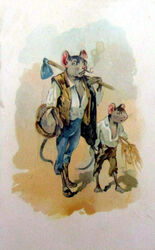  1889 19th_century ancient_art anthro barefoot biped blue_bottomwear blue_clothing blue_pants bottomwear clothed clothing duo feet fur grey_body grey_fur hoe male mammal mouse murid murine pants public_domain rodent shirt smoking smoking_pipe tail tools topwear traditional_media_(artwork) unknown_artist vest whiskers 