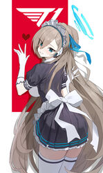  1-5iro absurdres apron asuna_(blue_archive) black_dress blue_archive blue_eyes blue_halo blue_ribbon blush commentary cowboy_shot dress eyes_visible_through_hair female frilled_dress frills from_behind gloves grin hair_over_one_eye hair_ribbon halo heart highres light_brown_hair long_hair looking_at_viewer looking_back maid maid_apron maid_headdress puffy_short_sleeves puffy_sleeves ribbon short_sleeves smile solo thighhighs very_long_hair waist_apron white_apron white_gloves white_thighhighs 