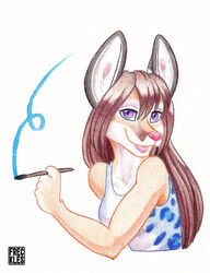  2023 anthro bassariscus brown_hair brush cacomistle clothing female freckles_(artist) fur hair half-closed_eyes kristania mammal multicolored_body multicolored_fur narrowed_eyes open_mouth open_smile paintbrush procyonid shirt simple_background smile solo tank_top topwear traditional_media_(artwork) two_tone_body two_tone_fur white_background white_body white_fur 