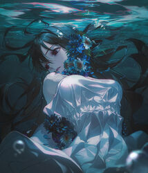  air_bubble andi_1021 antenna_hair black_flower black_hair bubble dress expressionless female flower hair_between_eyes long_hair looking_to_the_side original pale_skin parted_lips red_eyes sidelocks sleeveless sleeveless_dress solo underwater water white_dress 