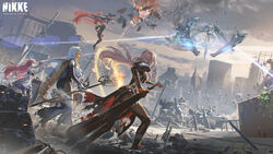  6+girls assault_rifle battle battlefield black_bodysuit blonde_hair bodysuit breasts cinderella_(nikke) cleavage cropped_jacket day destruction dorothy_(nikke) dress explosion fighting_stance firing floating goddess_of_victory:_nikke grey_hair gun headpiece highres holding holding_staff holding_sword holding_weapon jacket large_breasts laser levitation long_hair mage_staff midair multiple_girls official_art outdoors pink_hair rapture_(nikke) rapunzel_(nikke) red_hair red_hood_(nikke) red_jacket red_scarf rifle scarf scarlet_(black_shadow)_(nikke) scarlet_(nikke) second-party_source sniper_rifle snow_white_(innocent_days)_(nikke) snow_white_(nikke) staff sword very_long_hair walking weapon white_dress white_hair wisda 