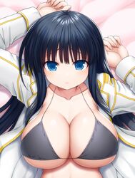  arms_up asamura_hiori bed_sheet black_bra black_hair blue_eyes bra breasts cleavage closed_mouth collarbone commentary_request female highres ikaruga_(senran_kagura) large_breasts long_hair lying on_back ongeki open_clothes senran_kagura senran_kagura_estival_versus senran_kagura_shinovi_versus shirt sideboob sidelocks solo underboob underwear upper_body white_shirt 