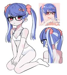  :&lt; black-framed_eyewear blue_hair blue_panties blush bra commentary_request elbow_gloves female flat_chest glasses gloves hair_ornament hair_scrunchie hairclip highres kunoichi_kazuhito_(kuno_kazu) long_hair looking_at_viewer multicolored_hair original panties panties_under_pantyhose pantyhose pink_scrunchie red_eyes reference_inset scrunchie simple_background solo streaked_hair swept_bangs twintails underwear white_background white_bra white_gloves white_hair white_pantyhose 