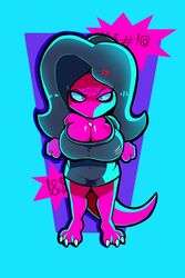  2:3 angry anthro big_breasts black_hair breasts censored_speech cleavage clothed clothing cross-popping_vein damaris_(lazygartuz) female hair hi_res lazygartuz pink_body profanity scalie solo tail text unknown_species 