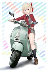  black_socks blonde_hair blue_ribbon bob_cut brown_footwear character_name commentary dress female flick_(sal23) full_body grey_dress hair_ribbon highres loafers long_sleeves looking_at_viewer lycoris_recoil lycoris_uniform medium_hair motor_vehicle neck_ribbon nishikigi_chisato on_scooter open_mouth orange_eyes panties pantyshot pleated_dress red_dress red_ribbon ribbon scooter shoes socks solo standing standing_on_one_leg thighs two-tone_dress underwear vespa white_panties 