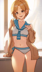  absurdres aiba_yumi alternate_costume arm_support ass_visible_through_thighs blonde_hair blush breasts brown_cardigan cardigan cleavage collarbone feet_out_of_frame female hand_on_own_chest highres idolmaster idolmaster_cinderella_girls lc_butter looking_at_viewer medium_breasts navel sailor_bikini sailor_collar sailor_swimsuit_(idolmaster) short_hair smile solo stomach 