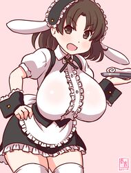  alternate_costume animal_ears apron artist_logo black_hairband blush breasts brown_eyes brown_hair center_frills chiyoda_(kancolle) cosplay cowboy_shot cross_tie fake_animal_ears female fleur_de_lapin_uniform floppy_ears frilled_apron frilled_cuffs frilled_hairband frilled_shirt frills gradient_background hairband kanon_(kurogane_knights) kantai_collection kirima_syaro kirima_syaro_(cosplay) large_breasts lolita_hairband looking_at_viewer one-hour_drawing_challenge open_mouth pink_background puffy_short_sleeves puffy_sleeves rabbit_ears shirt short_hair short_sleeves smile solo thighhighs tray waist_apron waitress white_apron white_thighhighs wrist_cuffs 