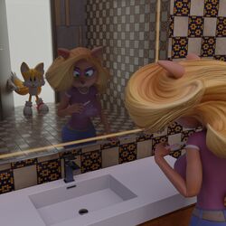  1:1 3d_(artwork) activision bandicoot bathroom beach blue_eyes breasts canid canine crash_(series) curvy_figure digital_media_(artwork) female fox green_eyes hi_res looking_surprised male mammal marsupial mirror nude older_woman pregnancy_test rotalice2 seaside sega sonic_the_hedgehog_(series) tails tawna tawna_bandicoot young 