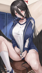  absurdres black_choker black_hair blue_archive blue_footwear blue_jacket blue_shorts blush breasts choker closed_mouth elvandec female gym_shirt gym_uniform halo hasumi_(blue_archive) hasumi_(track)_(blue_archive) highres indoors jacket large_breasts locker long_hair long_sleeves mole mole_under_eye official_alternate_costume open_clothes open_jacket red_eyes red_halo shirt shoes shorts sitting socks solo track_jacket very_long_hair white_shirt white_socks 