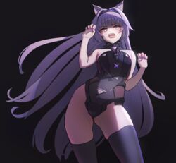  animal_ears bare_arms bare_shoulders black_background black_bodysuit black_hairband black_thighhighs bodysuit collar cross-shaped_pupils female from_below grey_hair grey_nails hair_intakes hairband hungr_(nyanom) long_hair mechanical_ears no.21:_feral_scent_(punishing:_gray_raven) no.21_(punishing:_gray_raven) open_mouth paw_pose punishing:_gray_raven sidelocks solo symbol-shaped_pupils teeth thighhighs upper_teeth_only very_long_hair wolf_ears yellow_eyes 