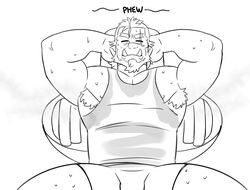  1boy =_= absurdres armpit_hair armpit_hair_peek armpits arms_behind_head bara beard bench_press bulge closed_eyes excessive_armpit_hair facial_hair forked_eyebrows from_above full_beard greyscale highres large_pectorals lying male_focus mature_male monochrome monster_boy muscular muscular_male nipple_slip nipples on_back onlytusks orc original pectorals pointy_ears sanpaku scar scar_on_face scar_on_nose short_hair shorts sidepec simple_background solo spread_legs sweat sweaty_clothes tank_top thick_beard thick_eyebrows thick_thighs thighs tusks very_sweaty white_background zorg_(onlytusks) 