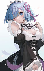  absurdres blue_eyes blue_hair blush breasts cleavage commentary deceit_(decit) detached_sleeves falling_petals female frilled_sleeves frills hair_ornament hair_ribbon highres large_breasts looking_at_viewer maid maid_headdress one_eye_closed petals pink_ribbon purple_ribbon re:zero_kara_hajimeru_isekai_seikatsu rem_(re:zero) ribbon ribbon-trimmed_clothes ribbon_trim roswaal_mansion_maid_uniform short_hair simple_background smile solo white_background wind x_hair_ornament 