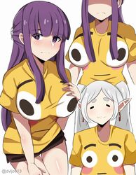  2girls :3 absurdres alternate_costume artist_name black_shorts blunt_bangs blush breasts bright_pupils closed_eyes closed_mouth commentary_request dvljoe earrings elf fern_(sousou_no_frieren) frieren highres jewelry large_breasts long_hair looking_at_viewer multiple_girls multiple_views pointy_ears purple_eyes purple_hair shirt shorts simple_background small_breasts sousou_no_frieren straight_hair t-shirt twintails upper_body very_long_hair white_background white_hair yellow_shirt 