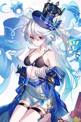  &gt;_&lt; 0_0 :t ahoge asymmetrical_gloves bare_shoulders black_bra black_gloves blue_eyes blue_hair blue_headwear blue_jacket bow bow_bra bra breast_conscious closed_mouth collarbone commentary_request eyes_visible_through_hair female flat_chest furina_(genshin_impact) genshin_impact gentilhomme_usher gloves hair_over_one_eye highres jacket mademoiselle_crabaletta mismatched_gloves multicolored_hair navel notice_lines off_shoulder open_clothes open_jacket oversized_breast_cup pout qys3 revision shorts signature singer_of_many_waters_(genshin_impact) streaked_hair surintendante_chevalmarin tilted_headwear underwear white_background white_gloves white_hair white_shorts 