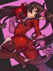  animal_print ass black_hair bodysuit boots breasts cat_tail catsuit commentary_request cosplay fake_tail female foot_out_of_frame gloves hair_ribbon hairstyle_connection high_heel_boots high_heels highres holding holding_mask idolmaster idolmaster_cinderella_girls lc_butter leg_up leopard_print long_hair looking_at_viewer mask matoba_risa parted_lips persona persona_5 print_ribbon red_bodysuit ribbon small_breasts smile solo tail takamaki_anne takamaki_anne_(cosplay) thigh_boots twintails twisted_torso two-tone_background unworn_mask yellow_eyes 