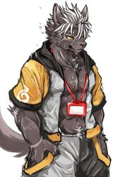  absurd_res anthro ao_gravity canid canine canis clothed clothing domestic_dog fur hand_in_pocket hi_res lifewonders looking_aside male mammal open_clothing open_shirt open_topwear pockets shirt simple_background solo standing tadatomo_(tas) tokyo_afterschool_summoners topwear wet wet_body wet_fur white_background 