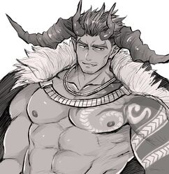  1boy abs absurdres arm_tattoo bara beard_stubble cape chest_tattoo crave_saga demon_boy demon_horns facial_hair fur-trimmed_cape fur_trim gold_necklace greyscale higemaccho highres horns jewelry male_focus monochrome muscular muscular_male mustache_stubble necklace nipples pectorals selbart_(crave_saga) solo stubble tattoo 