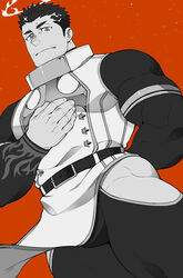  1boy absurdres arm_behind_back bara beard_stubble belt black_bodysuit black_hair bodysuit bulge clothing_cutout facial_hair fire flaming_halo greyscale_with_colored_background halo hand_on_own_chest highres large_pectorals male_focus muscular muscular_male naop_(anything) pectorals short_hair simple_background solo spiked_hair stubble thick_arms thick_thighs thigh_cutout thighs tokyo_afterschool_summoners zabaniyya_(housamo) 