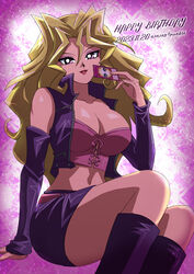  artist_name blonde_hair breasts card cleavage corset crop_top dated detached_sleeves female hair_between_eyes happy_birthday holding holding_card jacket kujaku_mai large_breasts long_hair looking_at_viewer midriff nanano_thunder navel open_clothes open_jacket parted_lips pink_corset purple_jacket skirt solo yu-gi-oh! yu-gi-oh!_duel_monsters 