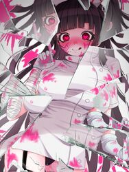  :q app_filter asymmetrical_gloves bandaged_arm bandages black_hair black_panties black_thighhighs blood blush breasts broken_glass cowboy_shot danganronpa_(series) danganronpa_3_(anime) dress elbow_gloves female garter_straps glass gloves hat heart heart-shaped_pupils highres holding holding_syringe large_breasts long_hair mozuku_(iiiiiiimomo) nurse_cap official_alternate_costume panties pink_blood red_eyes short_dress single_elbow_glove solo symbol-shaped_pupils syringe thighhighs tongue tongue_out tsumiki_mikan underwear white_background white_dress white_gloves 