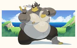  2023 anthro belly big_belly bodily_fluids bottomwear clothing cloud detailed_background generation_8_pokemon hi_res humanoid_hands legendary_pokemon male moobs mountain nintendo nipples obese obese_anthro obese_male outside overweight overweight_anthro overweight_male pants pokemon pokemon_(species) riisago solo sweat urshifu 