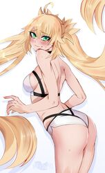  absurdres artoria_caster_(fate) artoria_caster_(swimsuit)_(fate) artoria_caster_(swimsuit)_(first_ascension)_(fate) artoria_pendragon_(fate) ass bikini blonde_hair blush breasts colored_eyelashes ev3n793 fate/grand_order fate_(series) female green_eyes hair_between_eyes highres long_hair medium_breasts nail_polish simple_background swimsuit tearing_up twintails white_background 