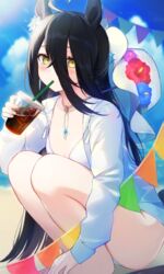  ahoge animal_ears bikini black_hair blush cup disposable_cup drinking_straw ear_flower female flower hat hat_flower hat_on_back hibiscus highres holding holding_cup horse_ears horse_girl kkokko long_bangs long_hair long_sleeves looking_at_viewer manhattan_cafe_(tobasuze_hot_summer!)_(umamusume) manhattan_cafe_(umamusume) solo squatting sweater swimsuit umamusume white_bikini white_hair white_sweater yellow_eyes 