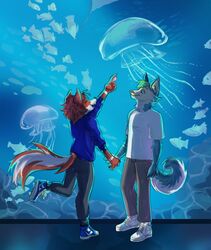  amikoss anthro aquarium canid canine canis date duo ebb ebb_owo fish flow flow_owo fox hand_holding hi_res hybrid male male/male mammal marine romantic romantic_couple vivarium wolfdog 