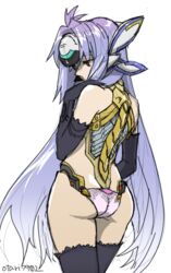  android ass black_gloves black_thighhighs blue_eyes blue_hair breasts closed_mouth elbow_gloves female gloves indesign kos-mos long_hair panties red_eyes simple_background sitting solo thighhighs underwear very_long_hair white_background xenosaga xenosaga_episode_i 